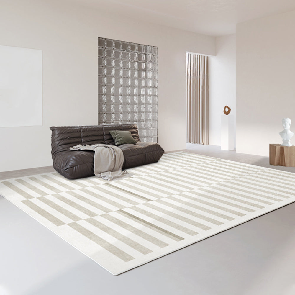 Neutral geometric striped rug enhancing a modern living room decor