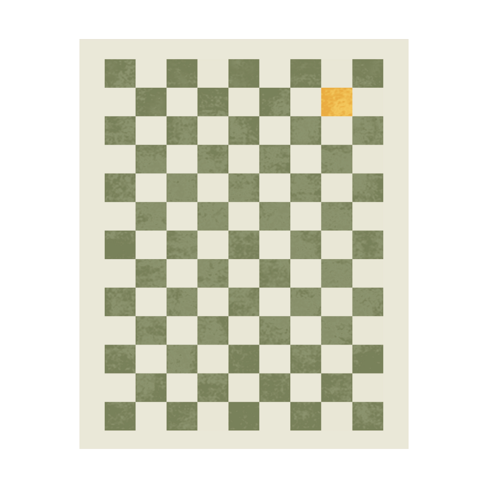 Checkerboard rug design with green and beige squares and an orange corner.