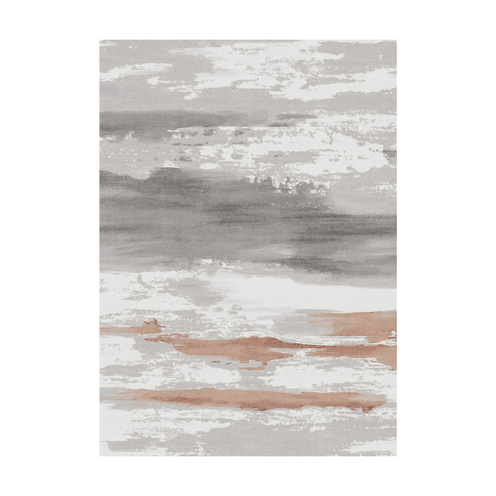 Abstract Ink Art Stria rug in gray and rose gold colors, perfect for home decor.