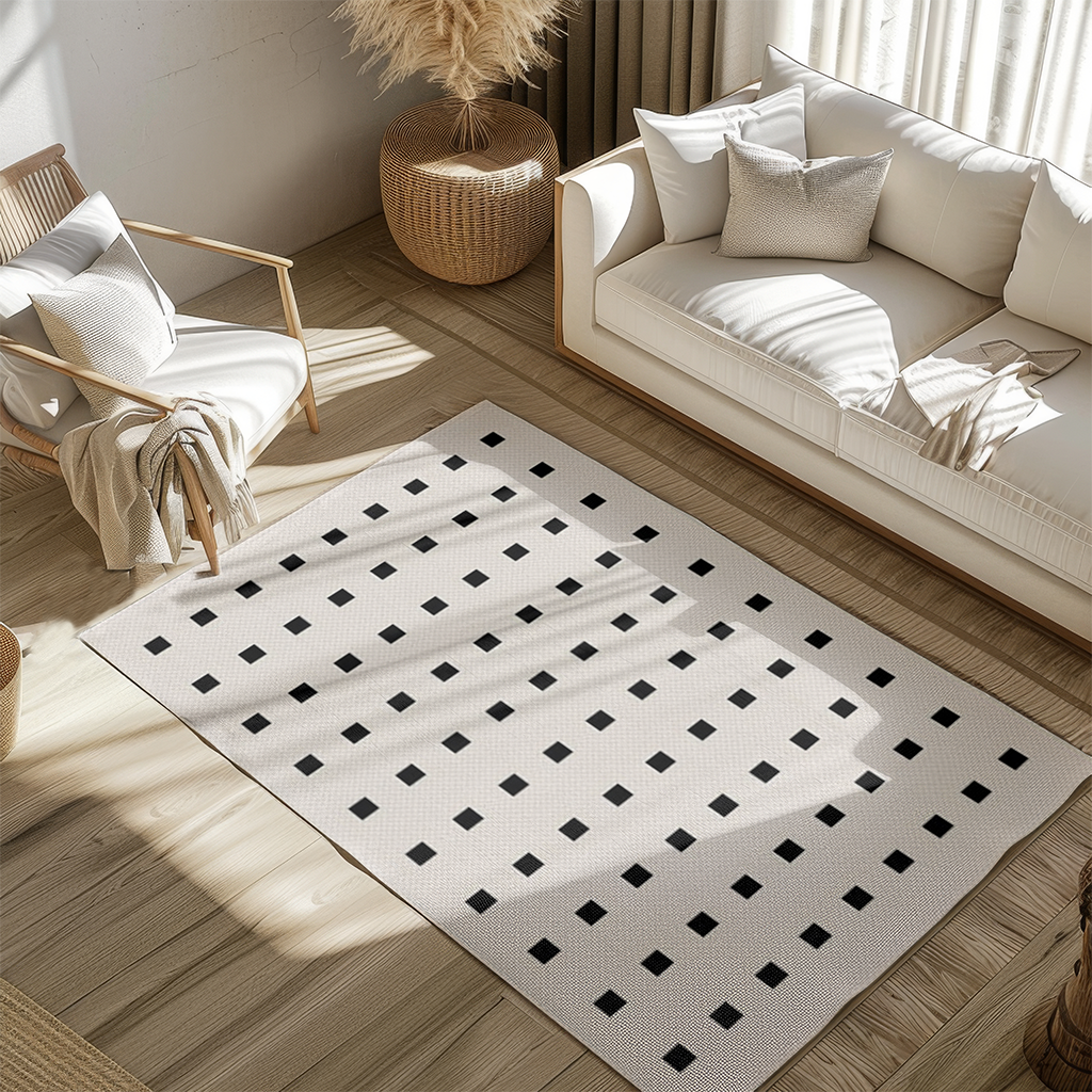 Modern cream rug with black squares, ideal for stylish living spaces.