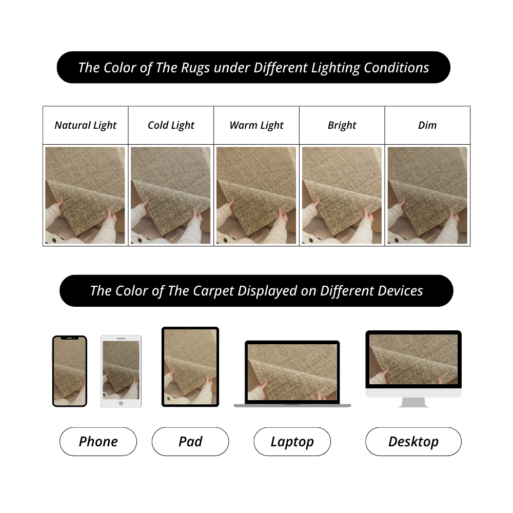 Color variations of Golden Path Soft Woven Rug in different lighting and devices