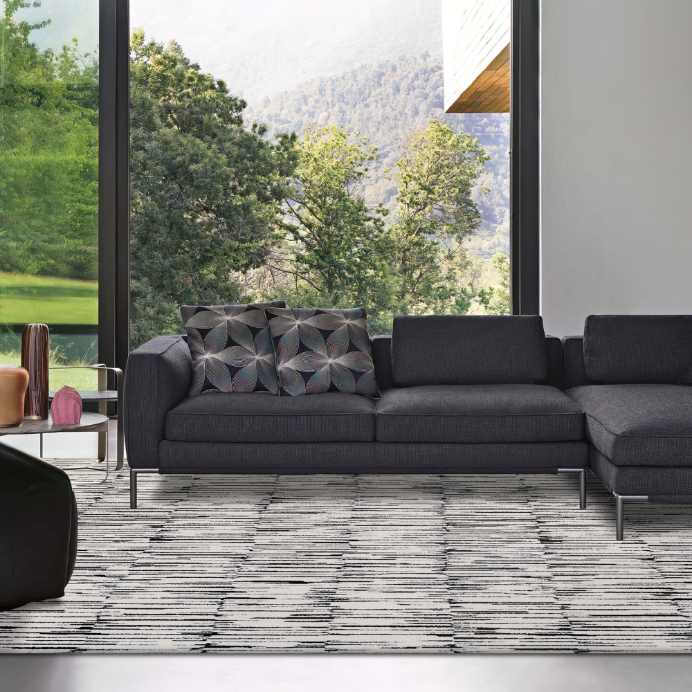 Monochrome Shattered Illusions woven rug in modern living room setting