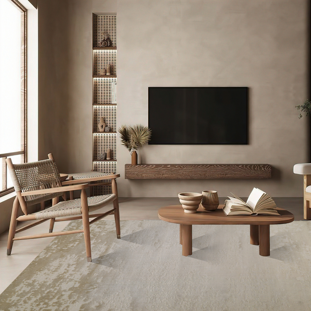 Light Radiant Solitude woven rug enhancing contemporary living room decor.