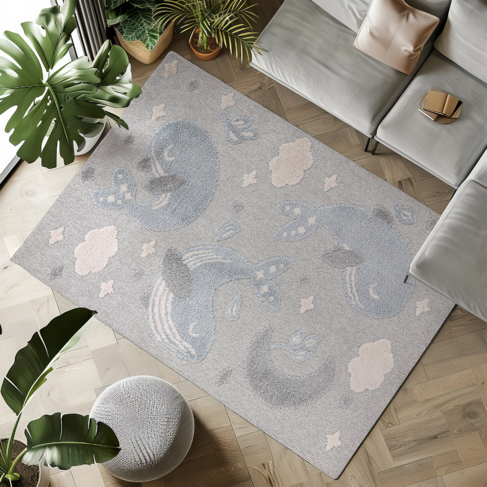 Pastel whale woven rug adding tranquility to a modern living space