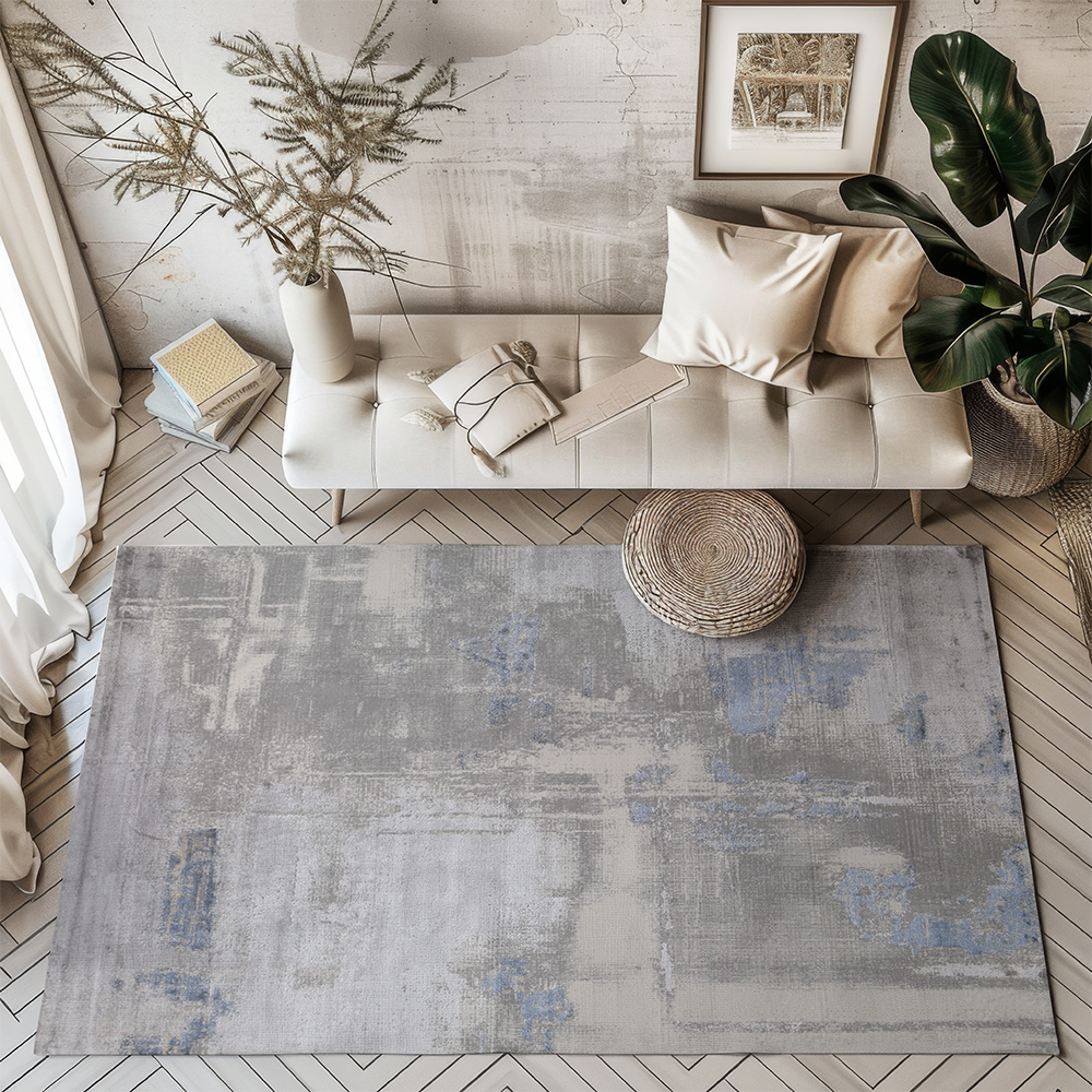 Reed Abstract Textured Rug in gray and blue, ideal for contemporary living spaces.