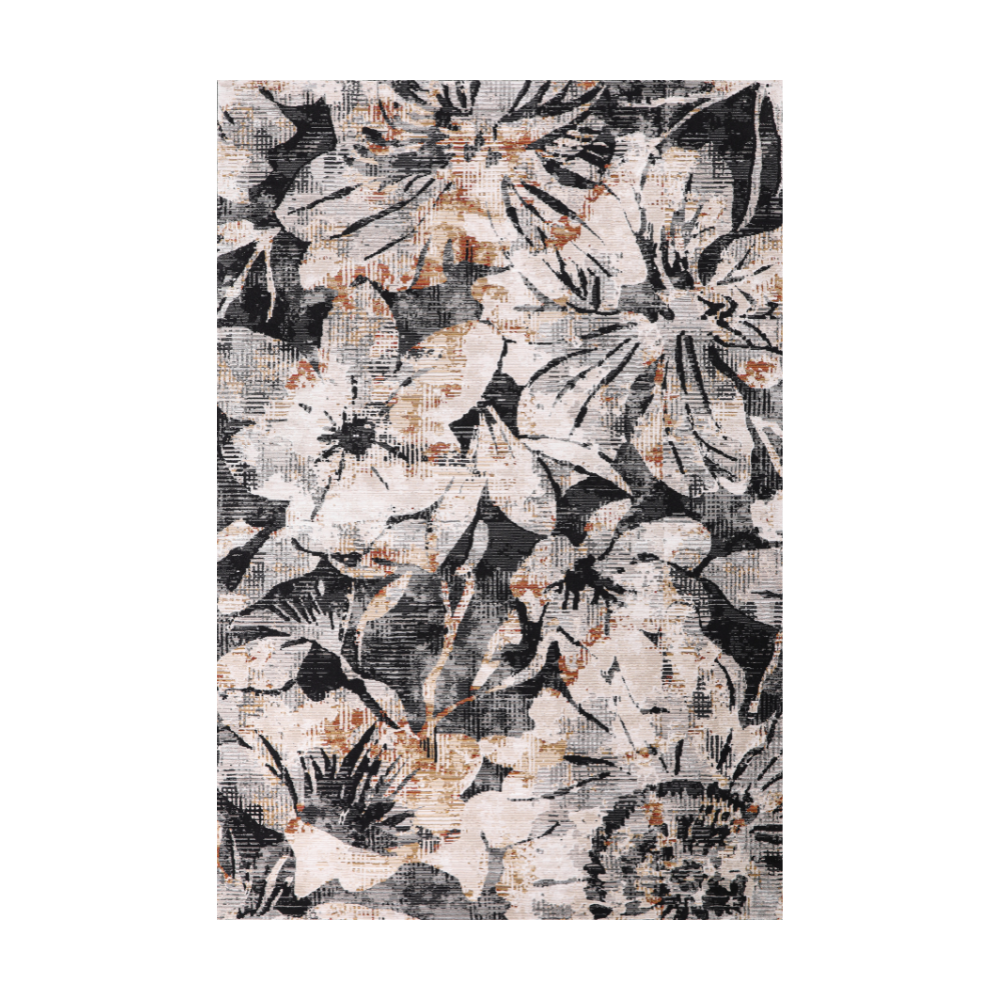 Lily flower textured rug in black, white, and orange colors