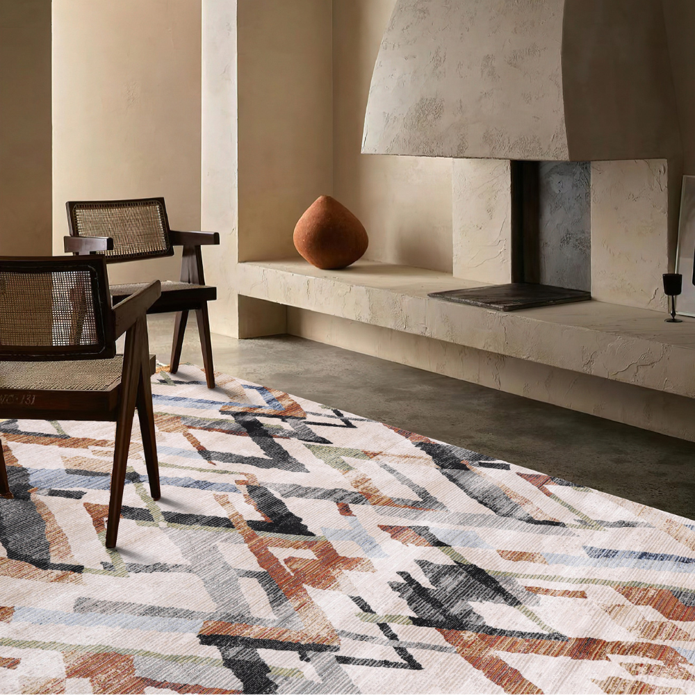 Colorful geometric rug in neutral tones enhancing modern living room decor