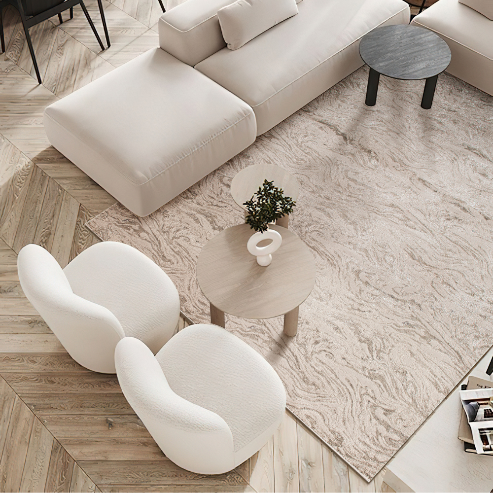 Olive abstract textured rug enhances modern living room decor