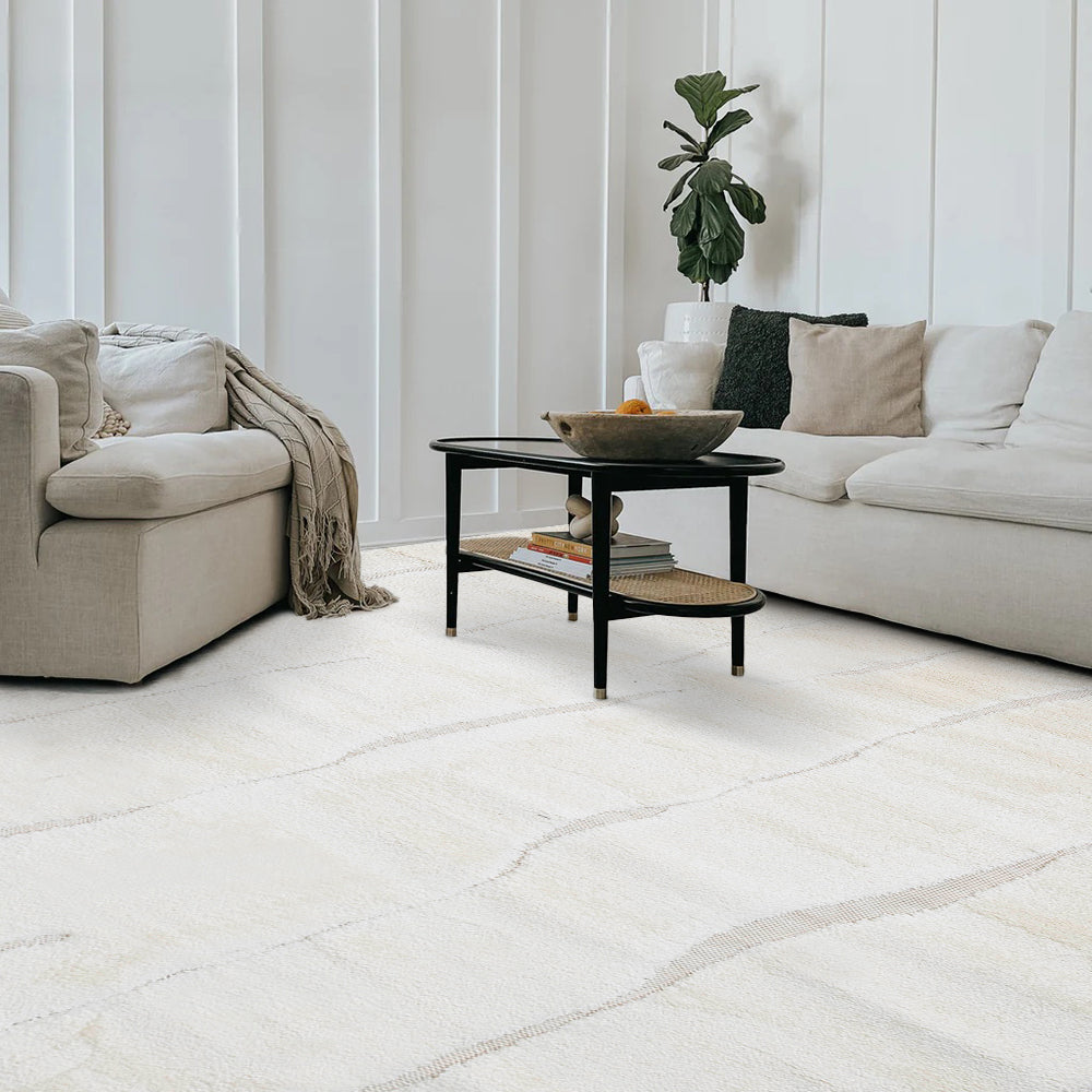 Cream Lorien Stripe Textured Rug enhancing modern living room decor