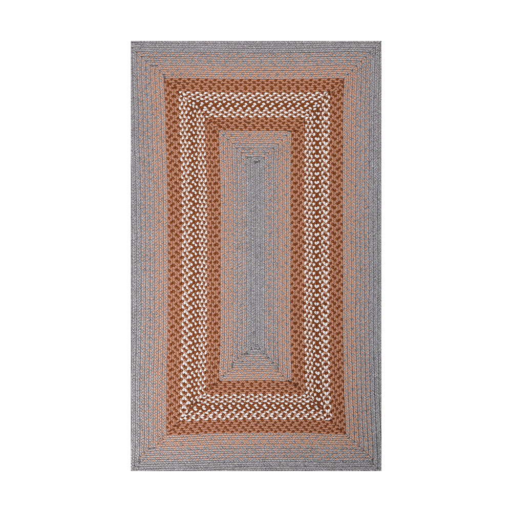 Hand woven modern outdoor rug in gray and brown geometric design