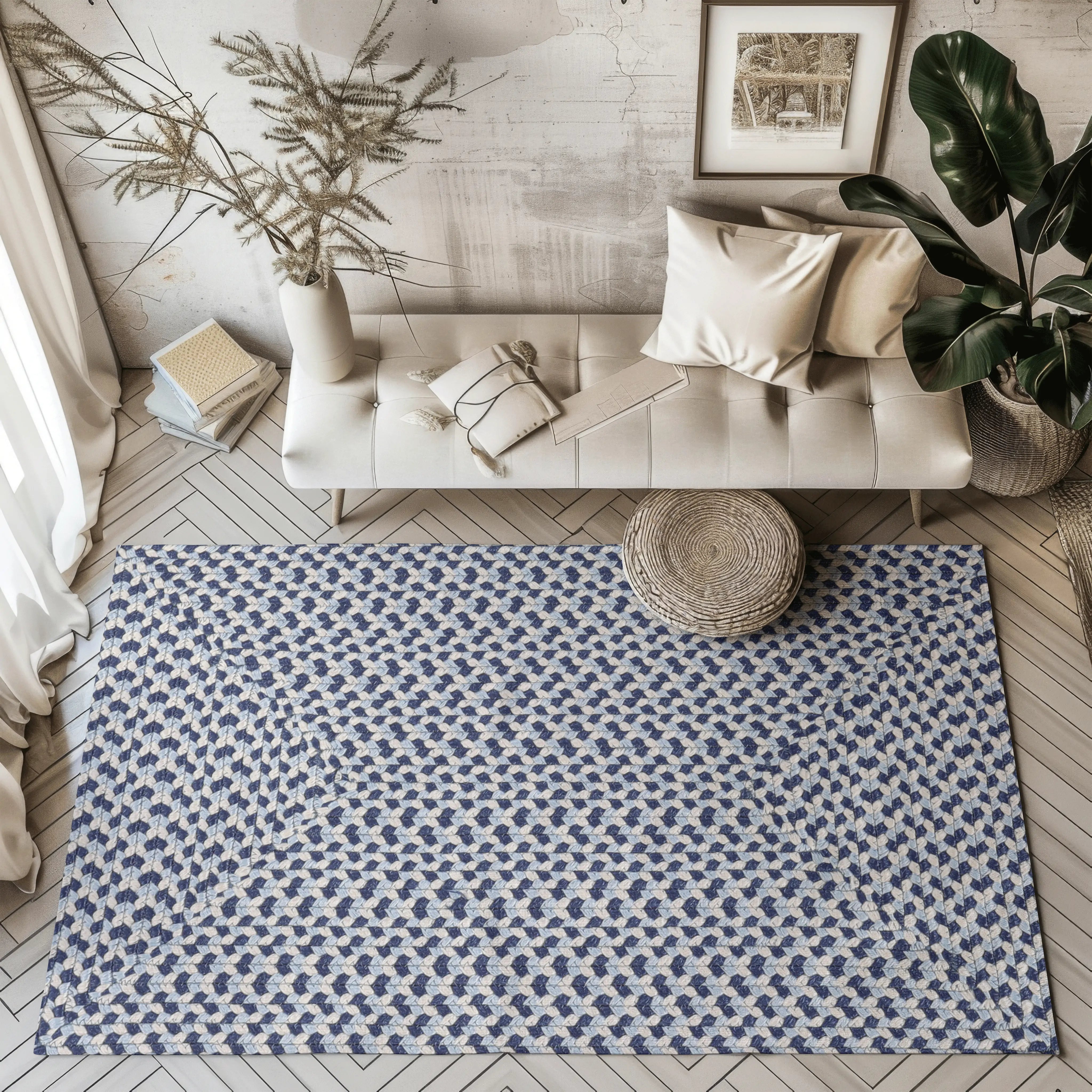Twilight's Dream Stria hand-braided rug in blue and cream for modern interior decor