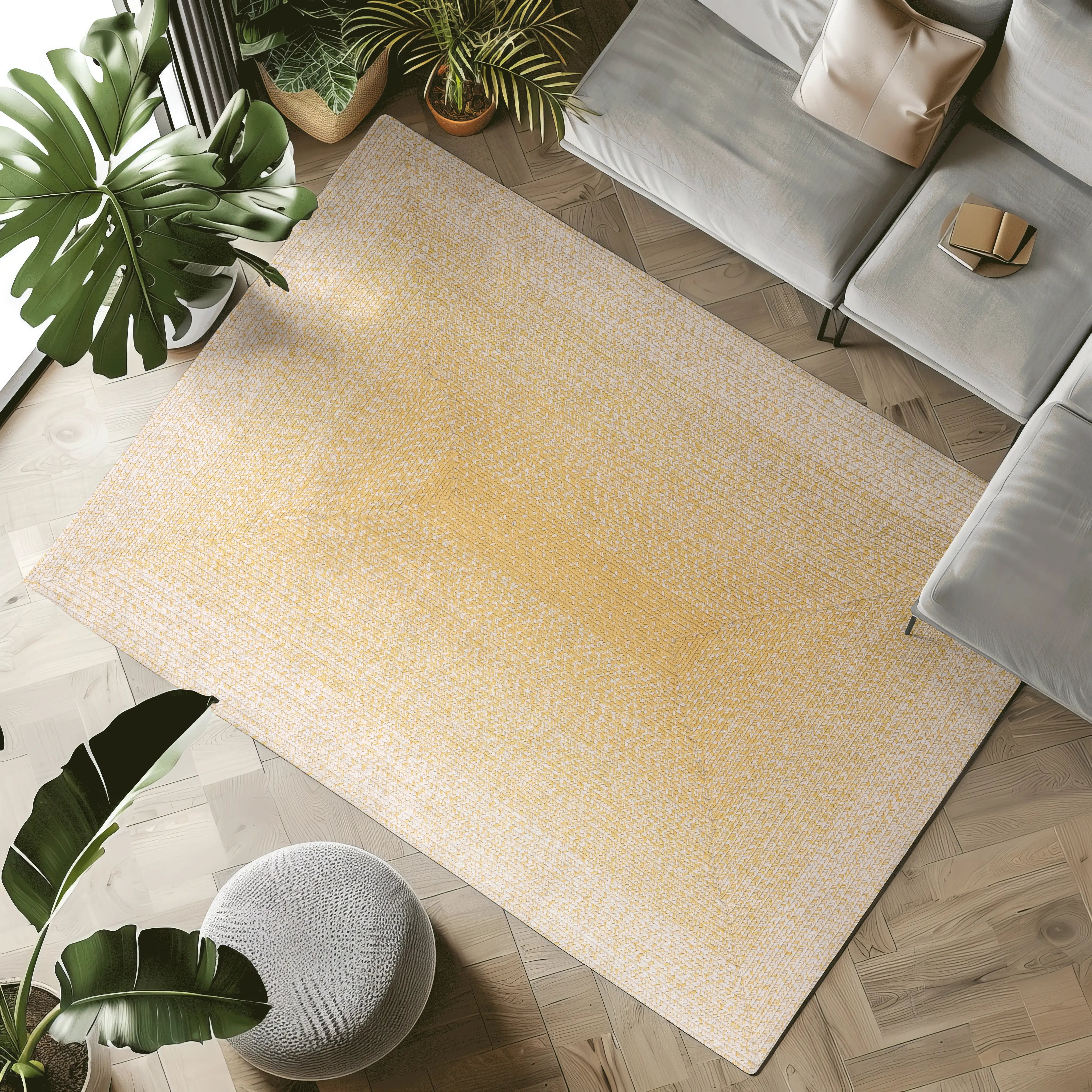 Yellow and cream Frosted Twilight Vintage Woven Rug in modern living space