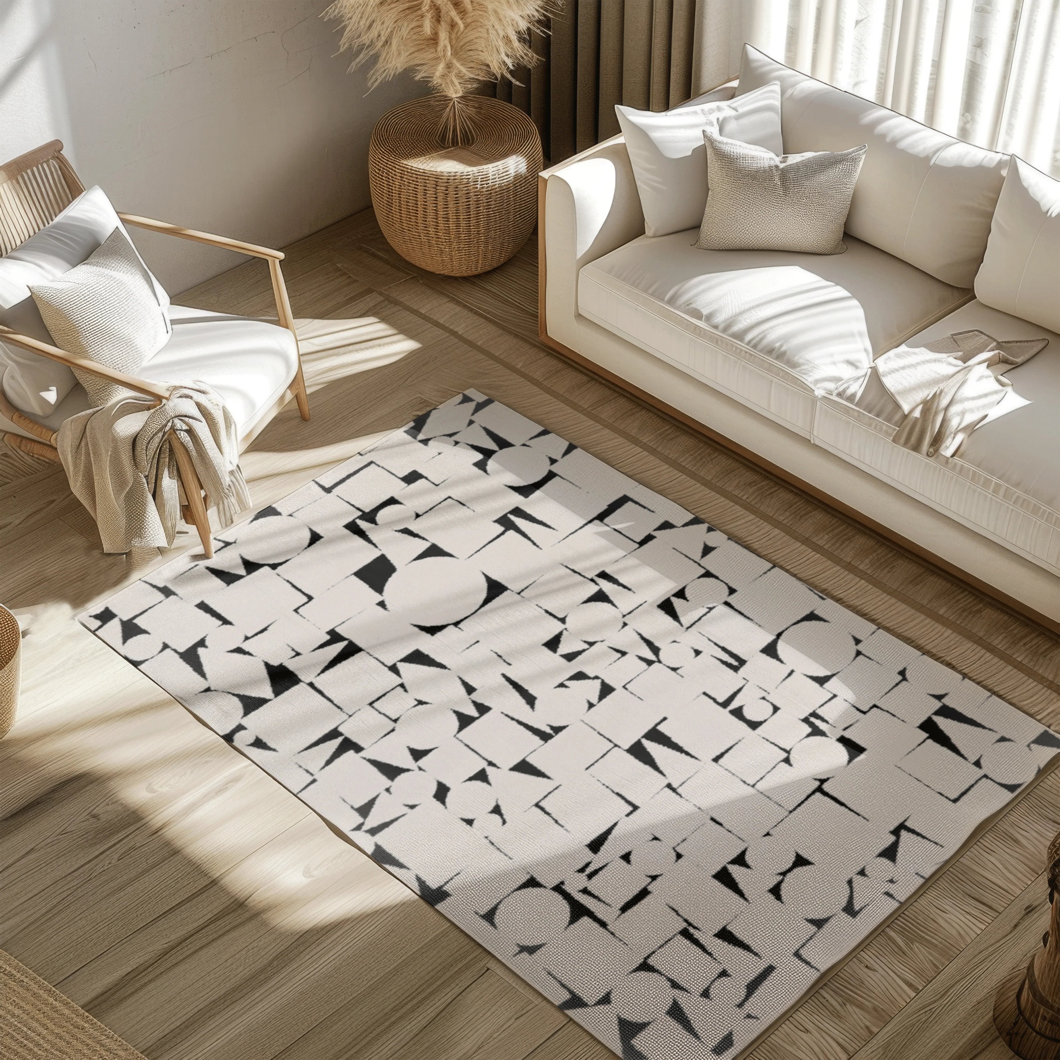 Contemporary rug with abstract black shapes on light background in elegant living room