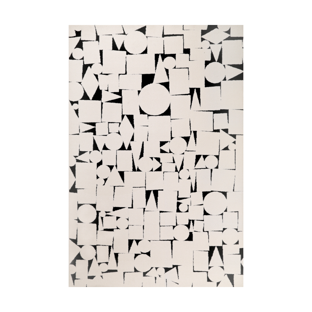 Abstract modern rug with geometric black shapes on white background