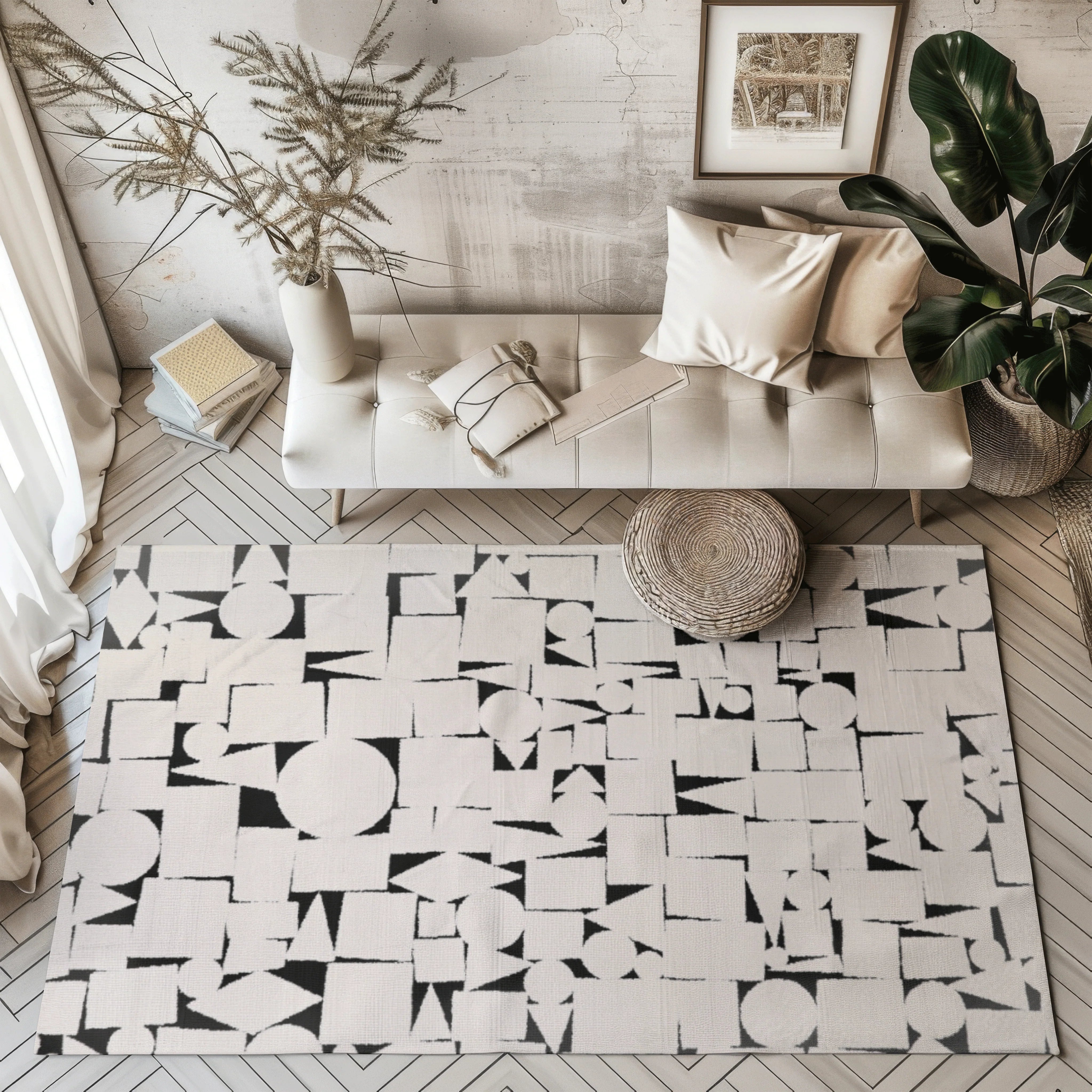 Modern geometric rug with black and white shapes in stylish living room decor