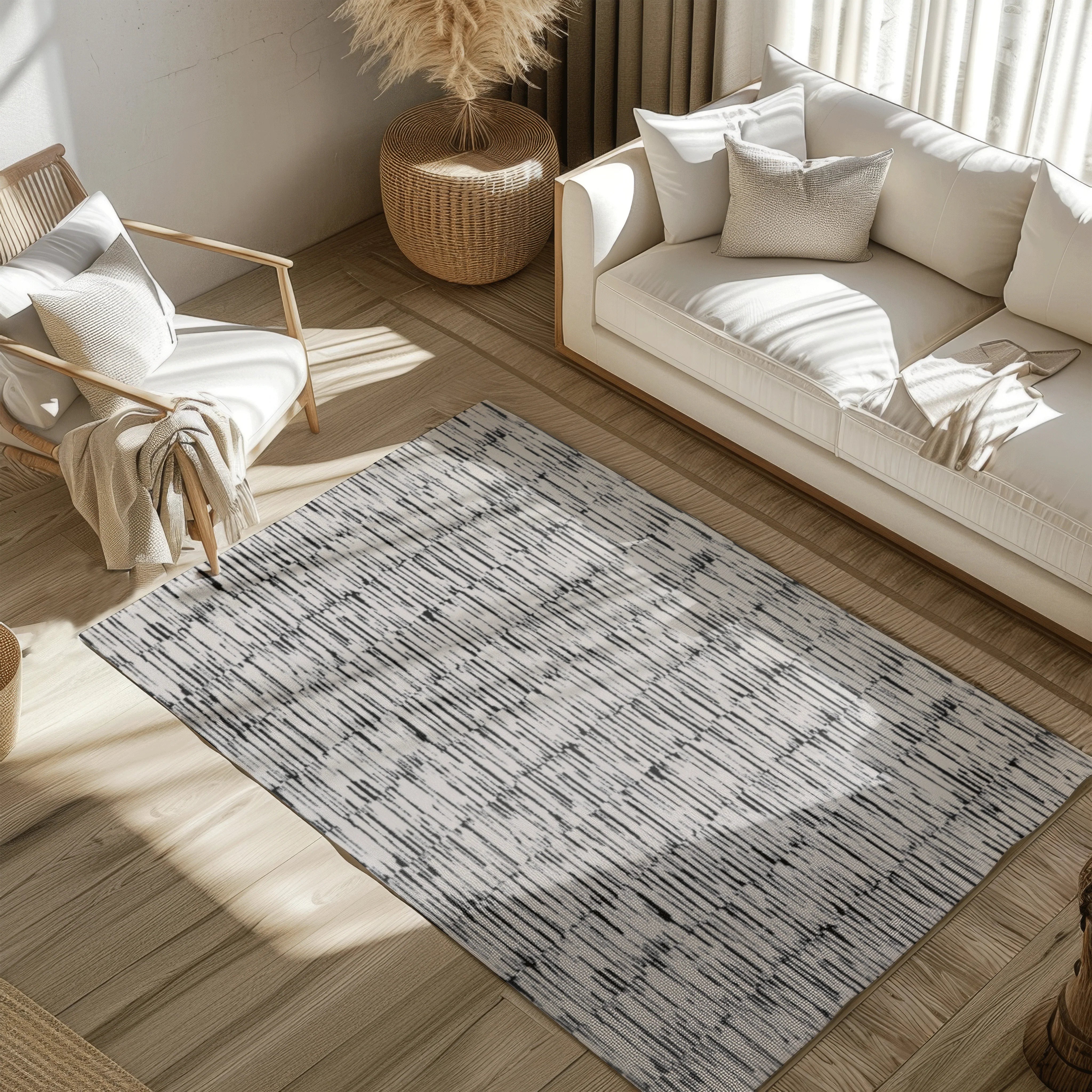 Monochrome Shattered Illusions modern woven rug in stylish living room setting