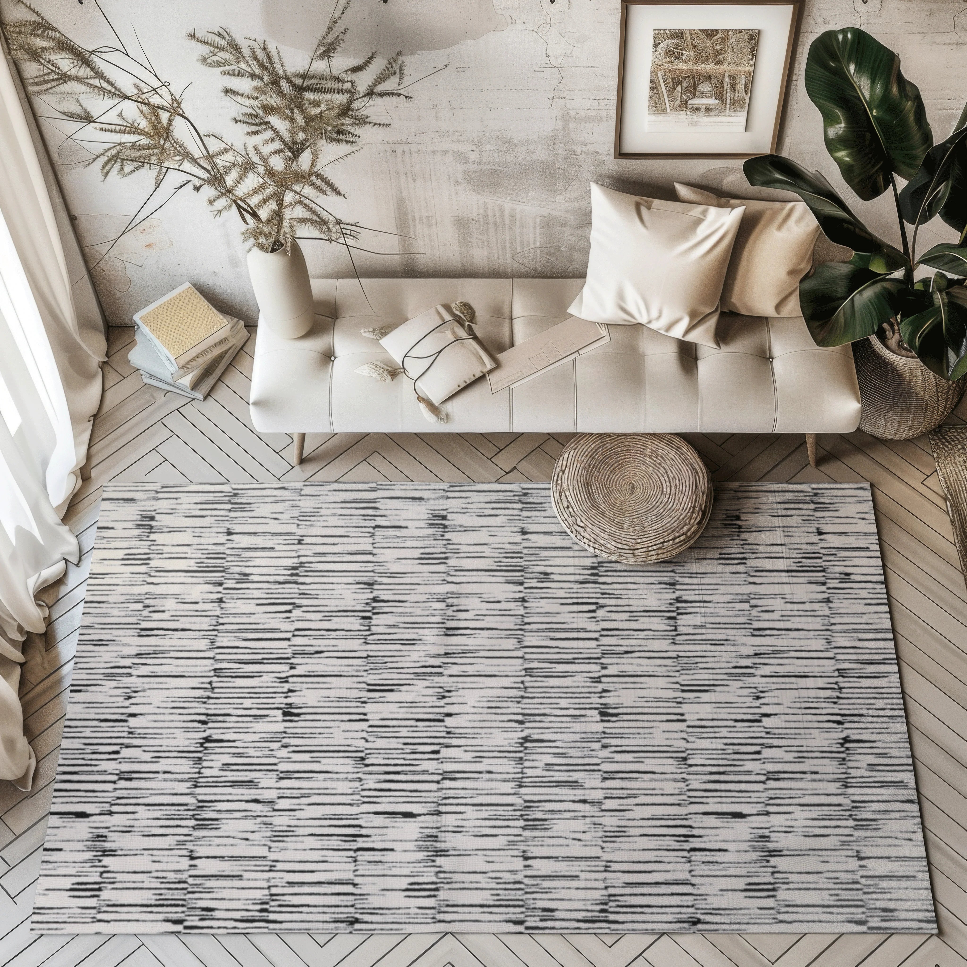 Shattered Illusions modern woven rug in stylish monochrome design in a contemporary living room