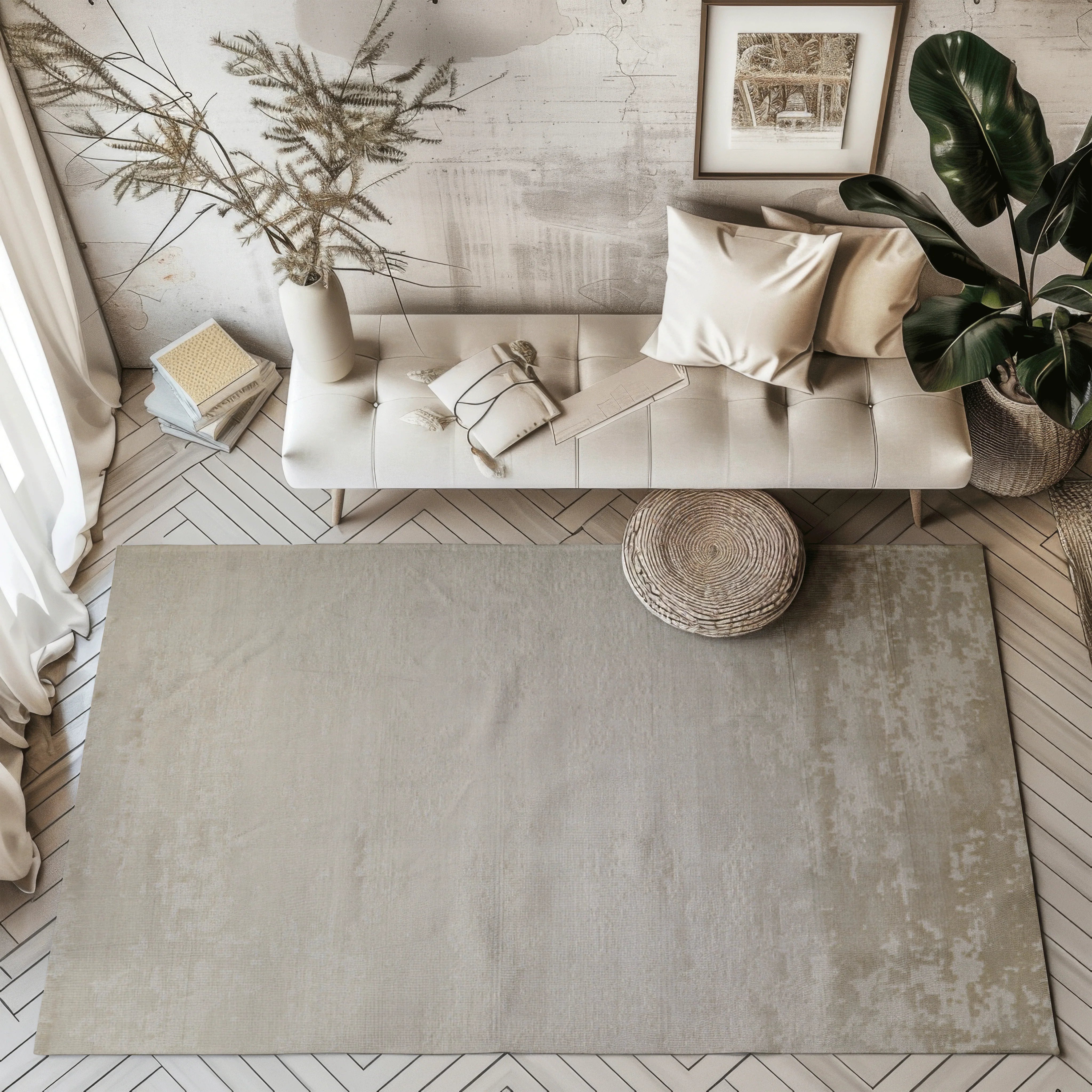 Light woven rug in contemporary living room with minimalist decor and natural light.