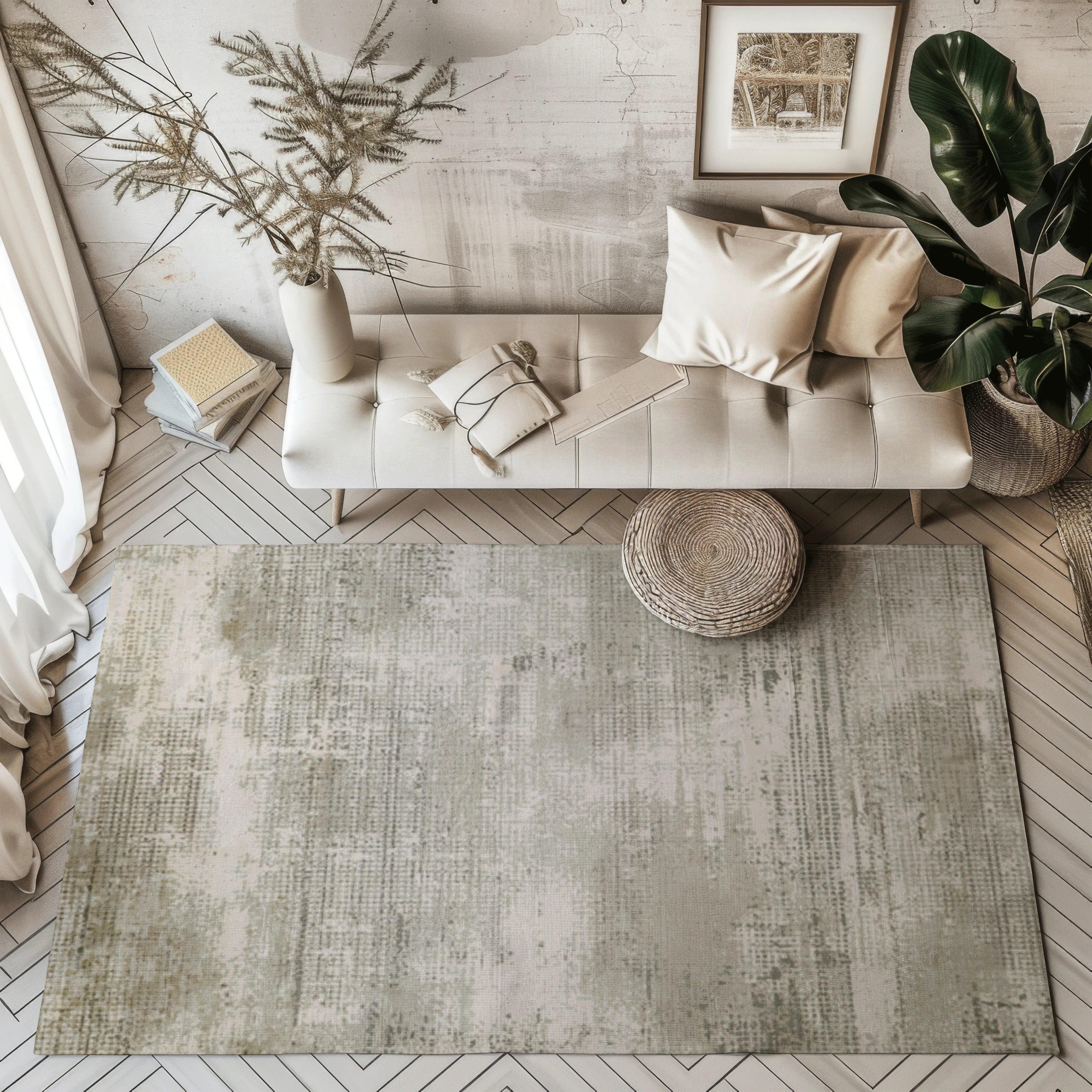 Veiled Eternity blended rug in soft gray and beige tones on stylish floor.