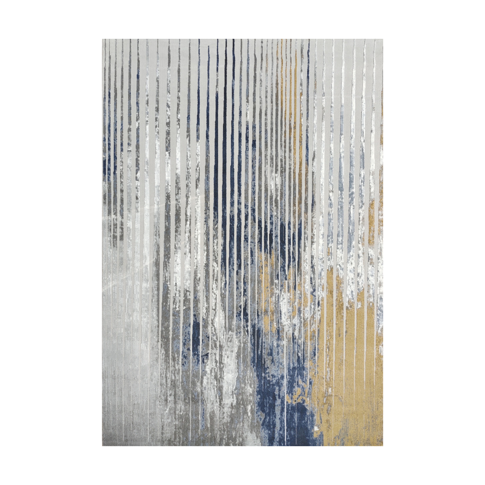 Silas Abstract Textured Rug with blue, gold, and gray stripes