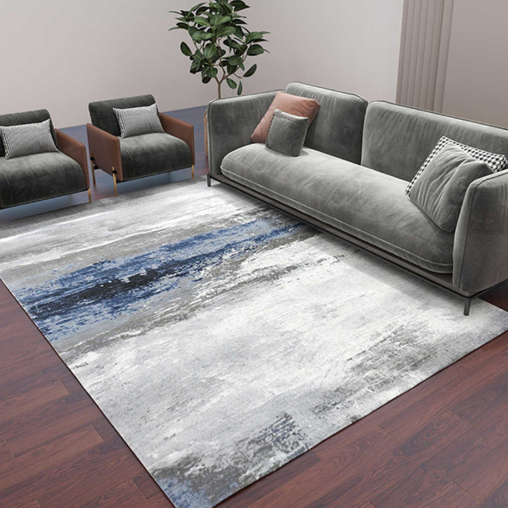 Gavin Abstract Textured Rug with gray and blue design in contemporary living room