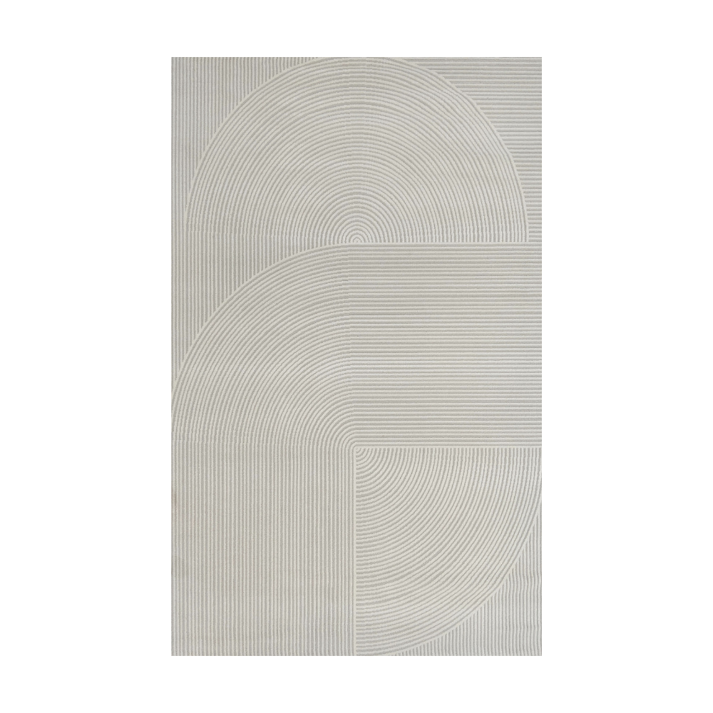 Elowen Stripes Textured Rug in neutral tones with circular patterns
