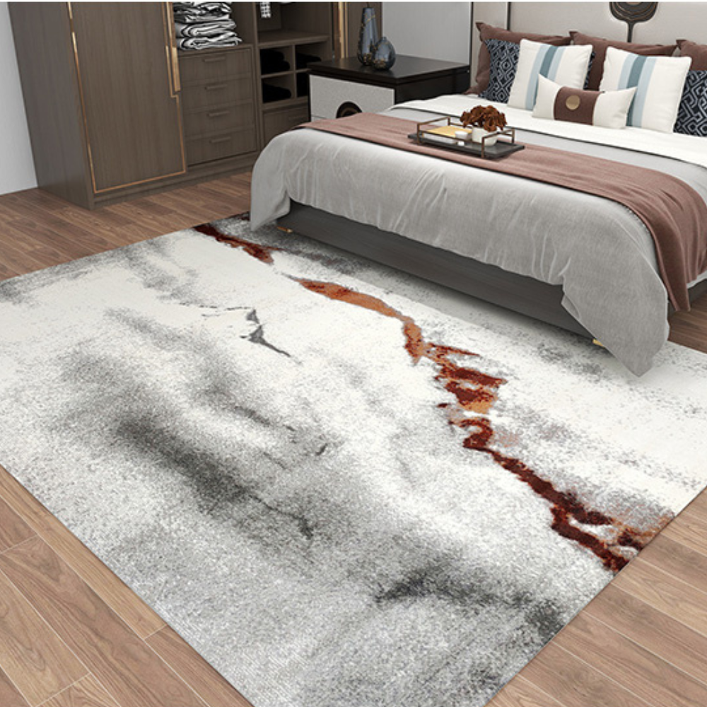 Iris Abstract Textured Rug in gray and rust, perfect for stylish, washable home decor.