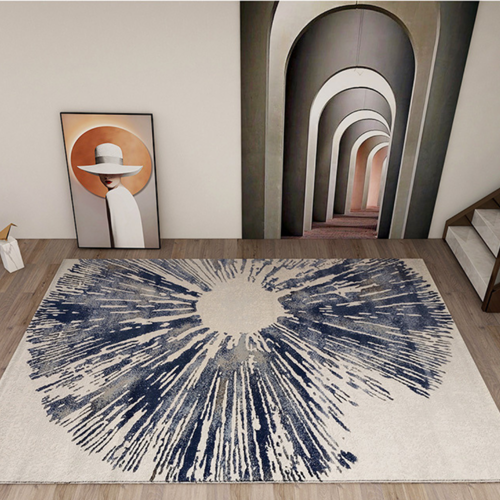 Poppy Abstract Textured Rug Arith in blue and cream, ideal for modern home decor.