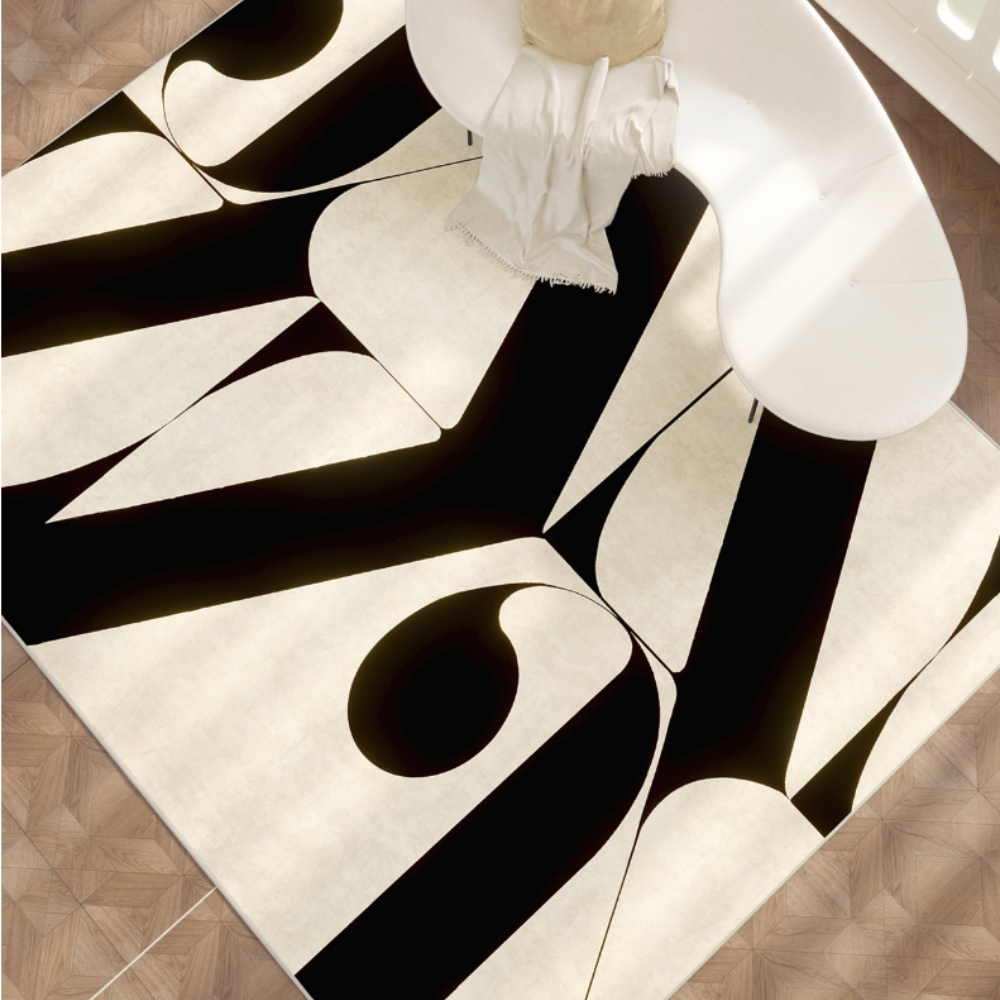 Geometric black and cream washable rug design by Curvara