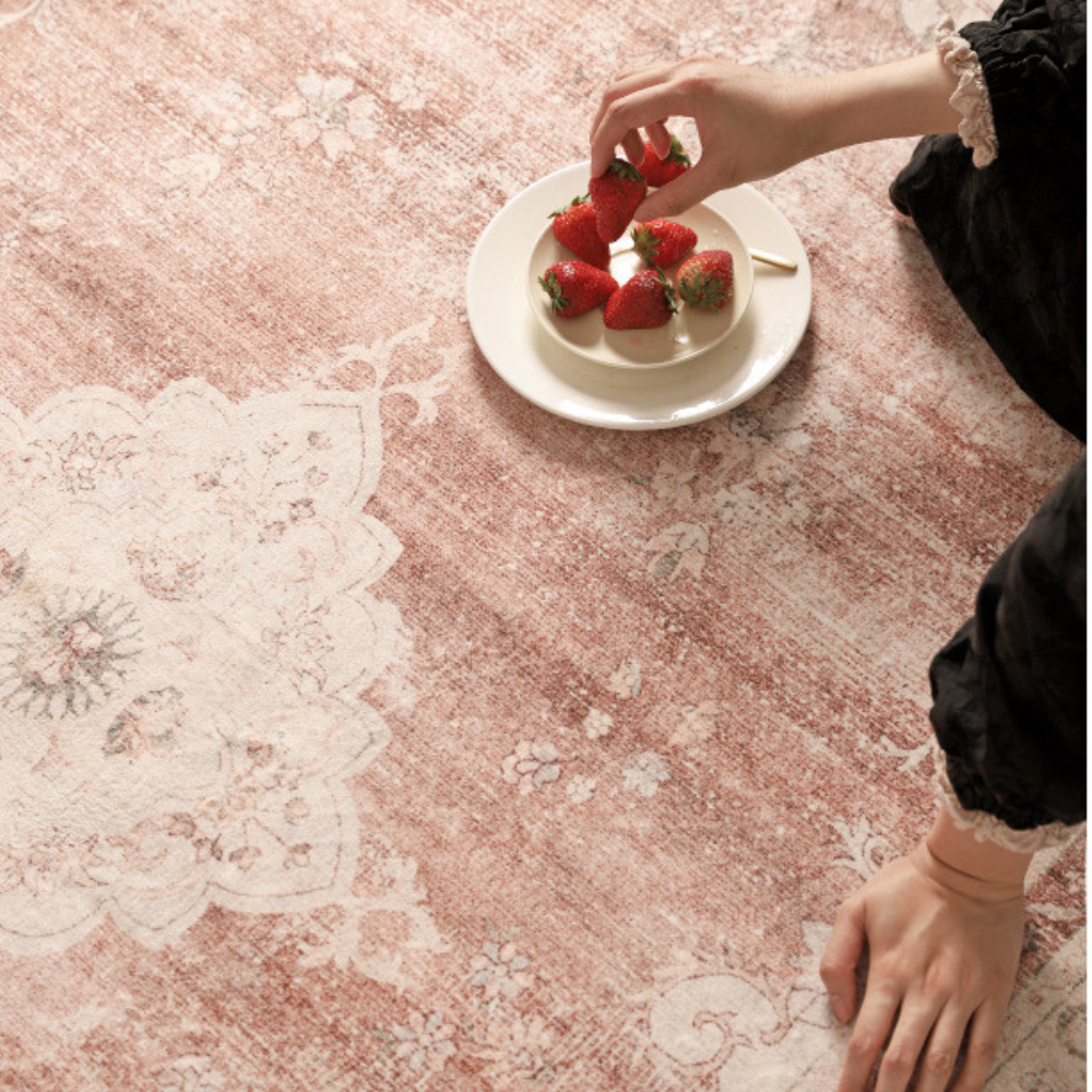 Glistening Forest Vintage Rug in pink and cream with floral design and strawberries
