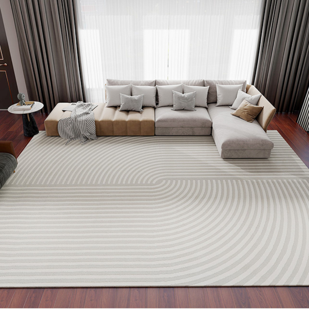 Vero textured rug in neutral tones with striped and circular designs in a living room