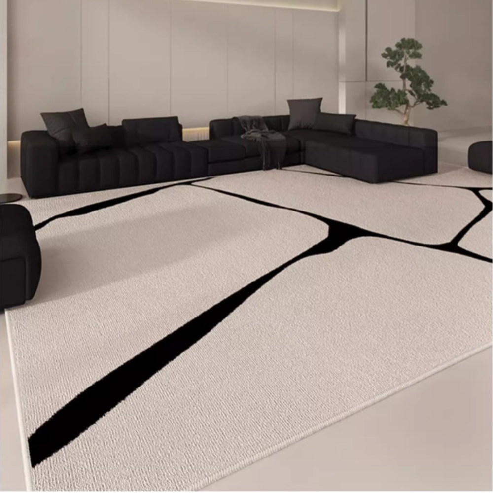 Modern beige and black washable rug with crack design in stylish living room