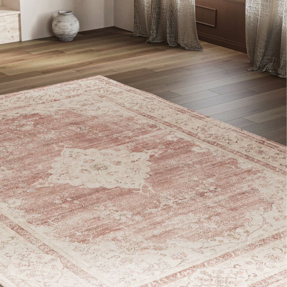 Glistening Forest Vintage Rug in pink and cream, enhancing a warm home interior.