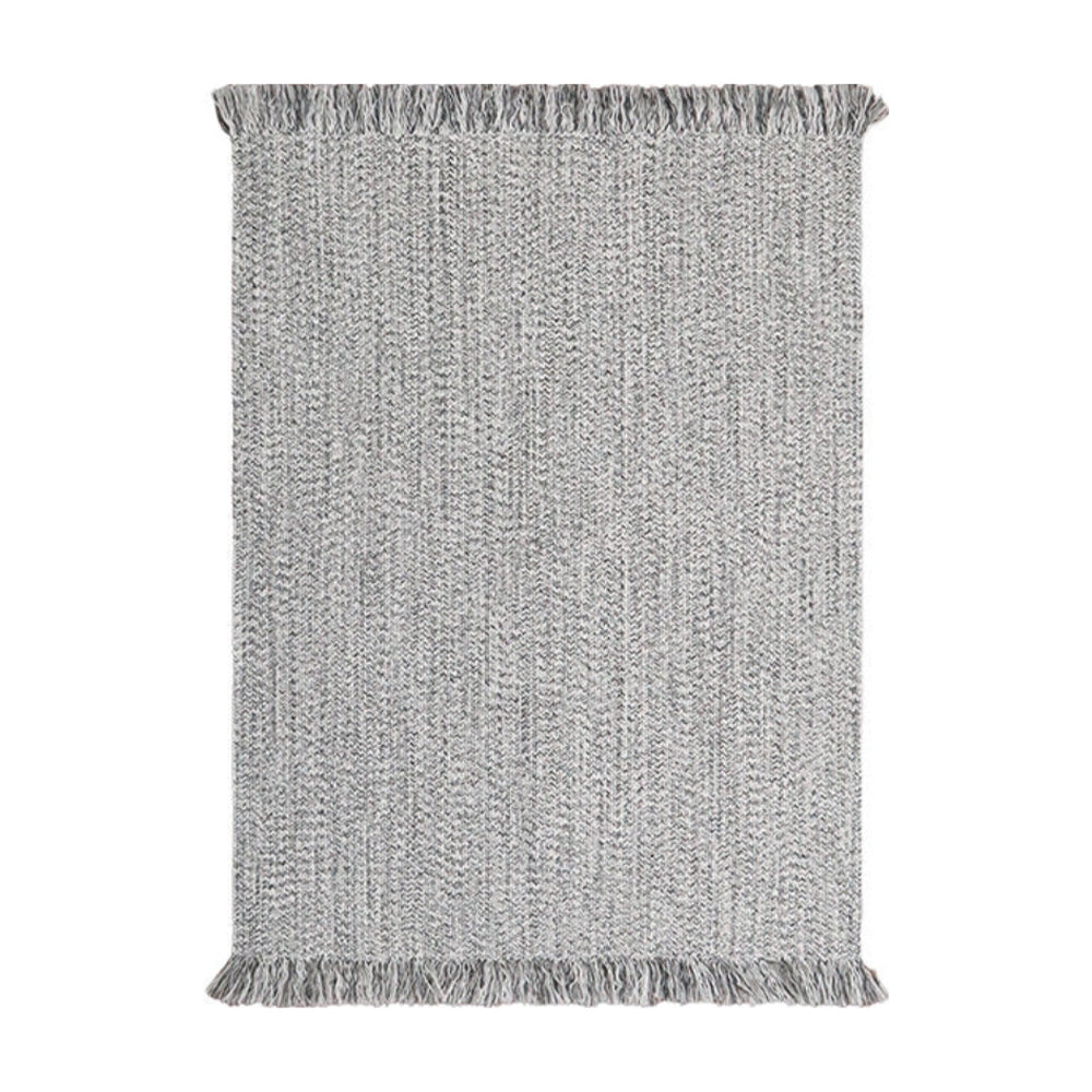 Winter Woven Textured Outdoor Rug with gray stripes and tussles