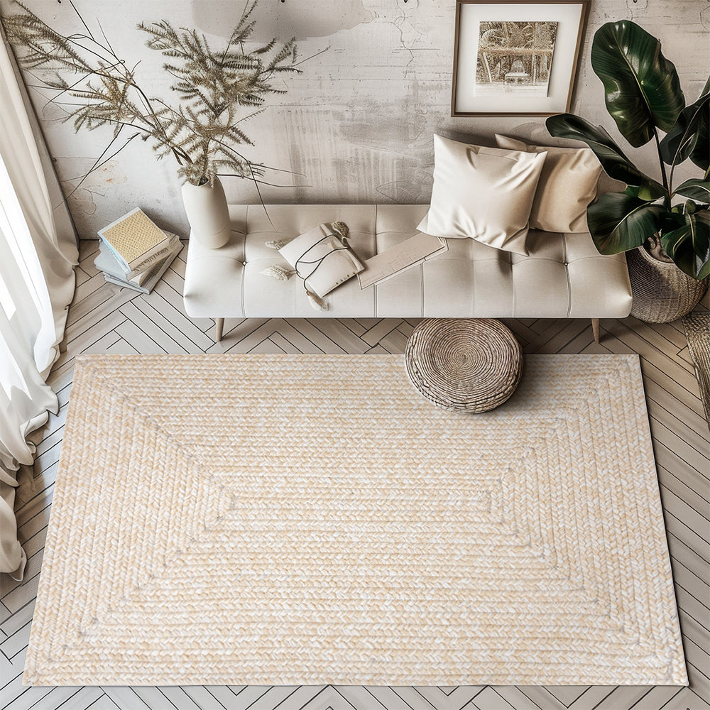 Beige hand-braided outdoor rug with geometric design in modern living room