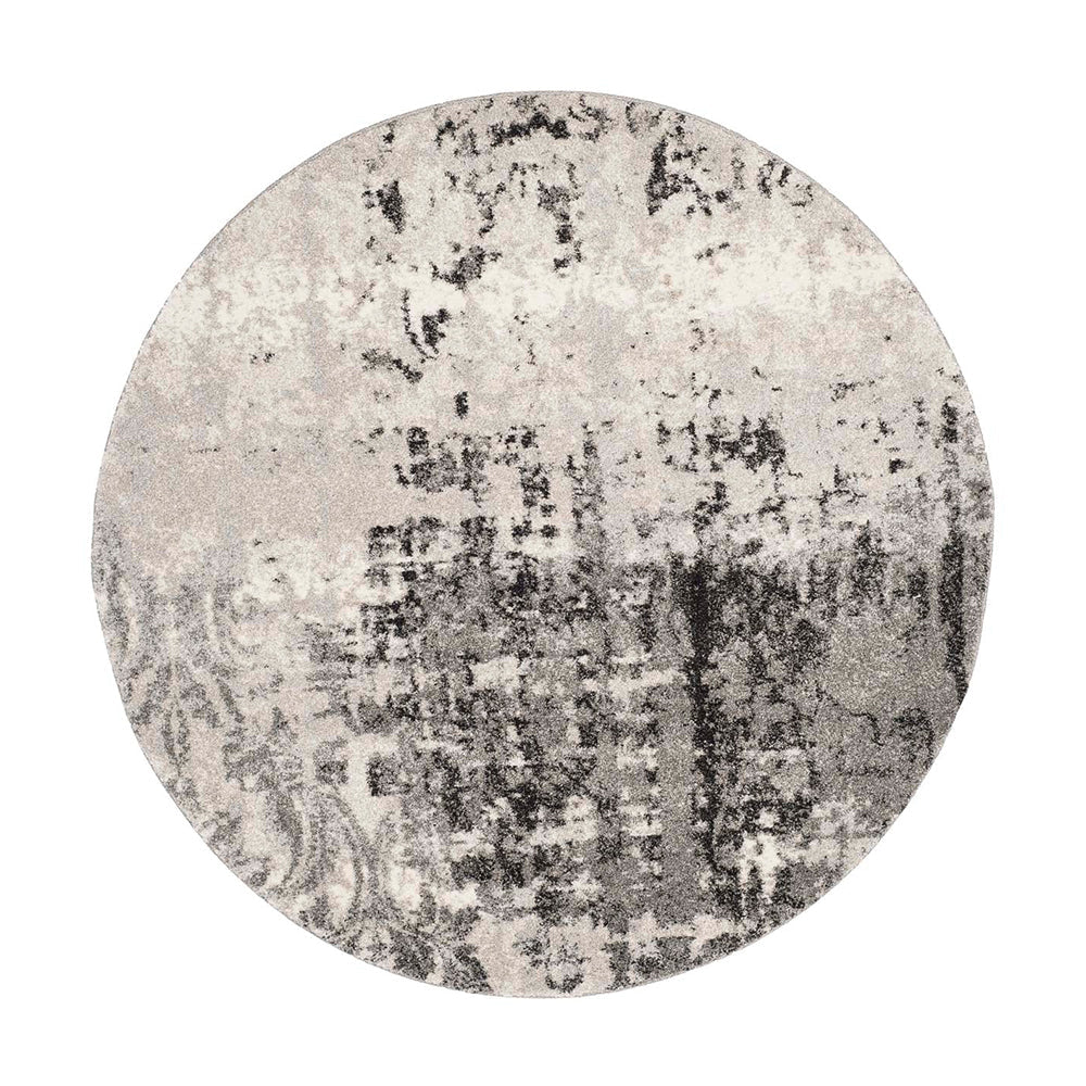 Round Skald Ink Pattern Classical Rug in gray and beige, perfect for contemporary decor.