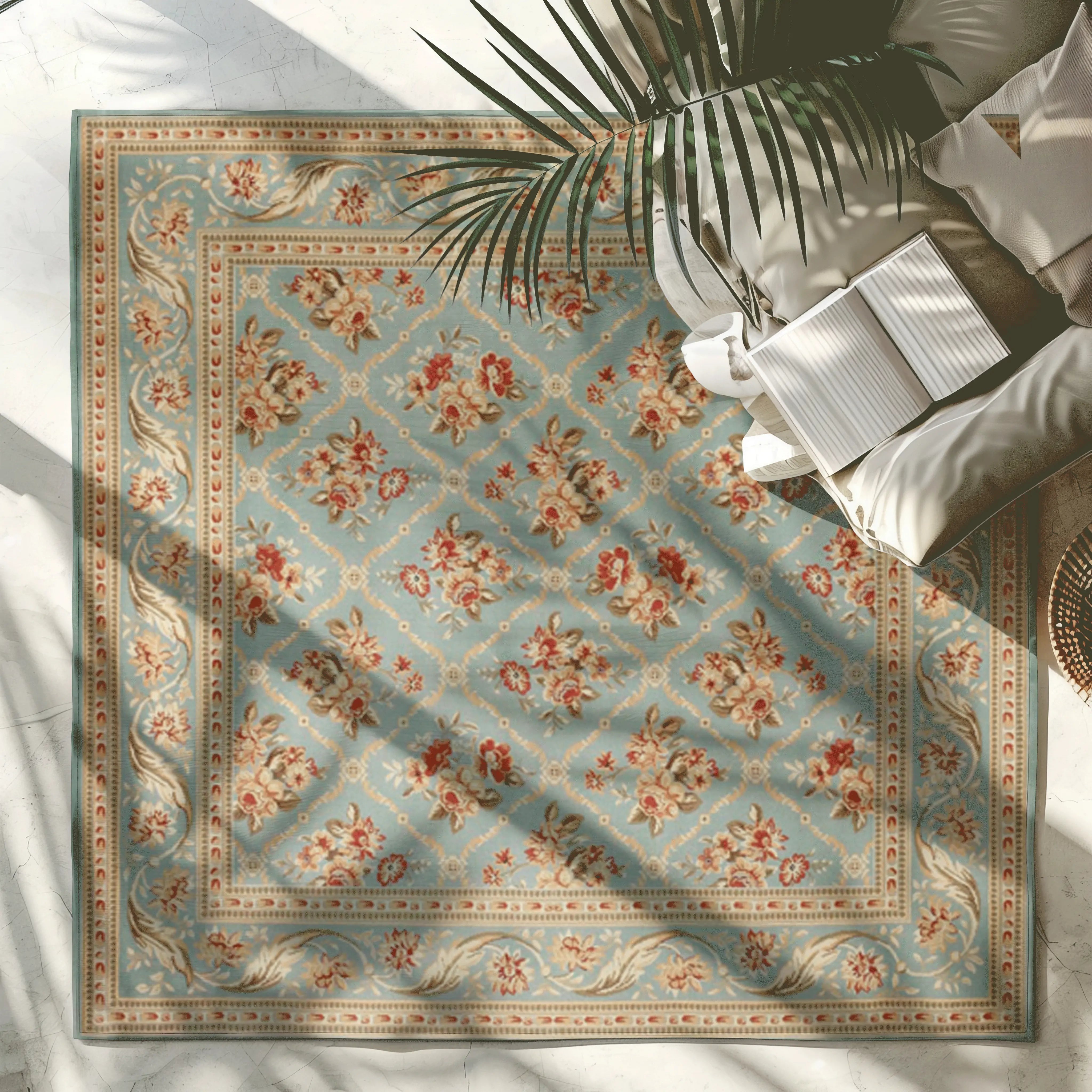 Vintage floral area rug in blue with red and gold patterns, enhancing modern living space.