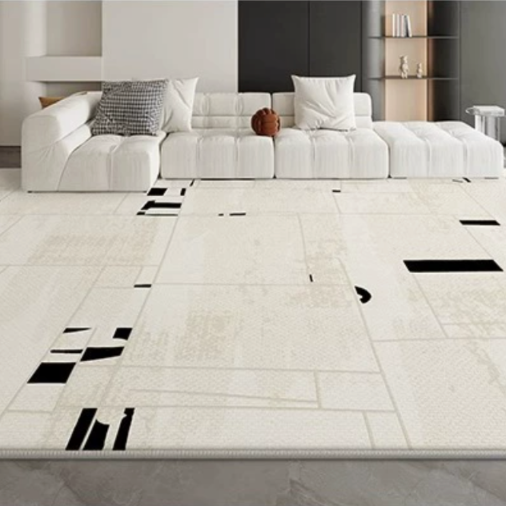 Amias geometric washable rug in beige and black, suitable for modern living spaces.