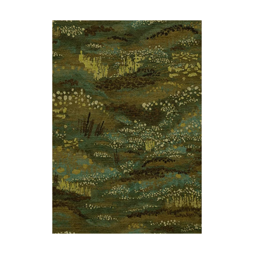 Botanical patterned rug in green and earthy tones, perfect for home decor.