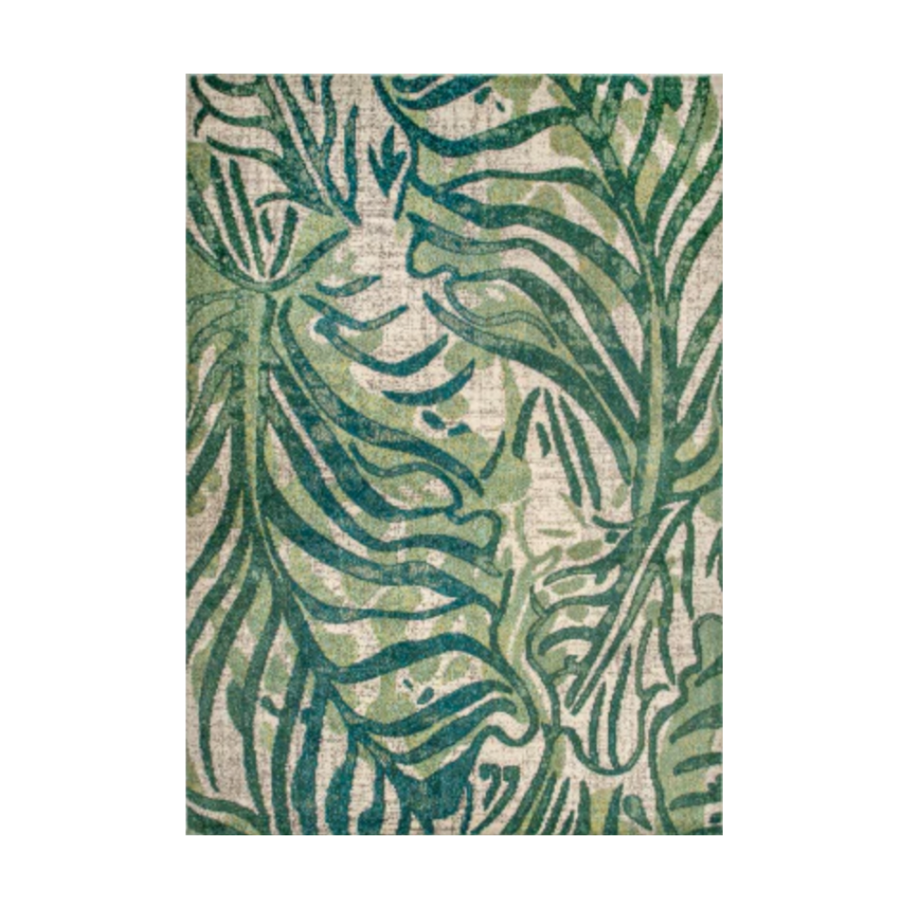Botanical rug with green and blue foliage design, perfect for stylish home decor.