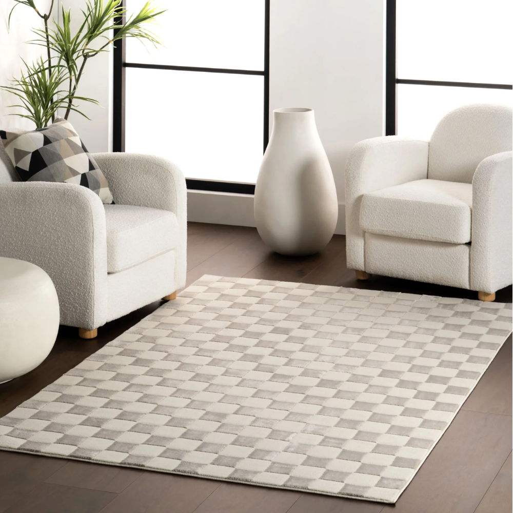 Caelum Checkered Washable Rug in beige and gray in a stylish living room