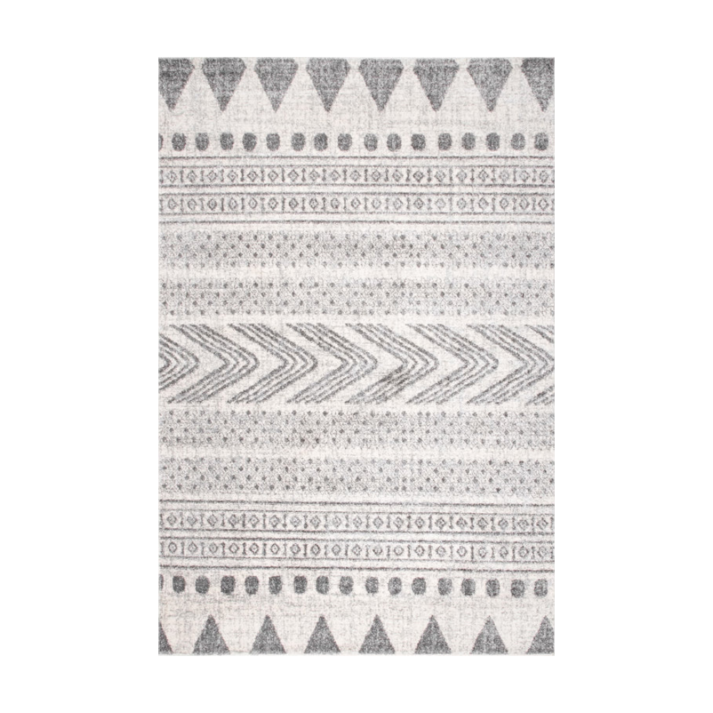 Sorin Tribal Washable Rug with geometric gray and white patterns