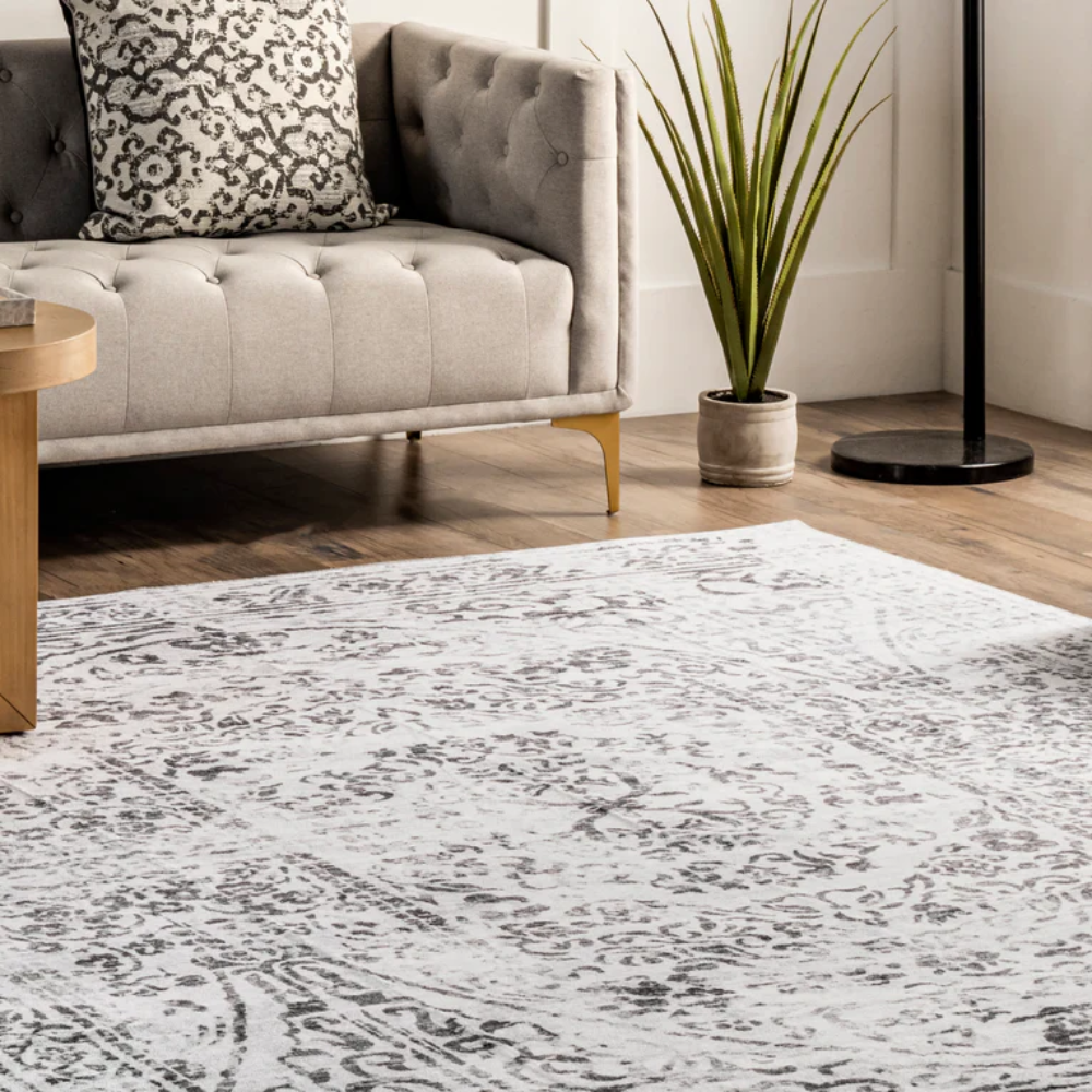 Gray and white floral Anouk Persian washable rug in modern living room