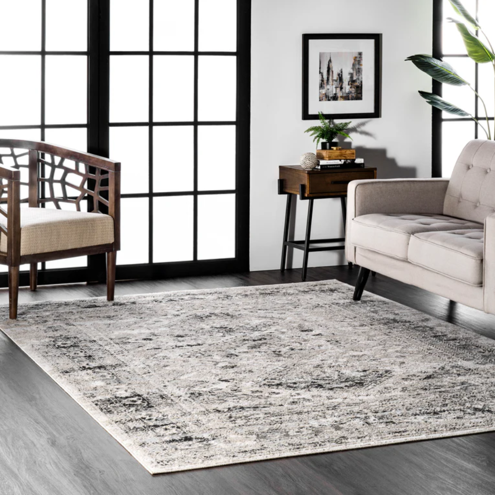 Gray and cream Felicity Persian washable rug in geometric pattern, enhancing modern living room