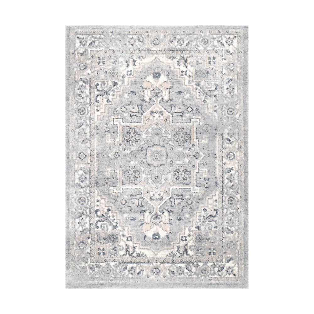 Evander Persian washable rug with floral designs in gray and cream