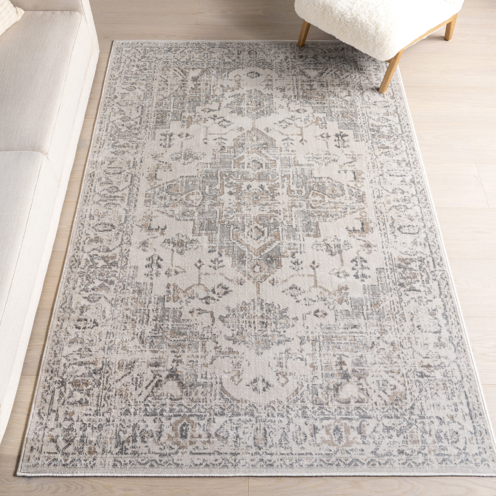 Intricate Helios Persian washable rug in soft neutral tones