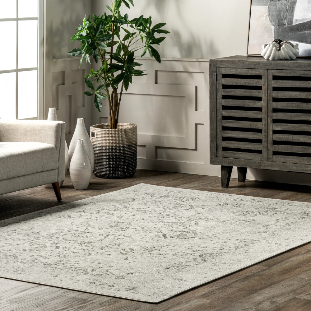 Stylish Yvaine Persian washable rug in gray, ideal for modern home interiors.