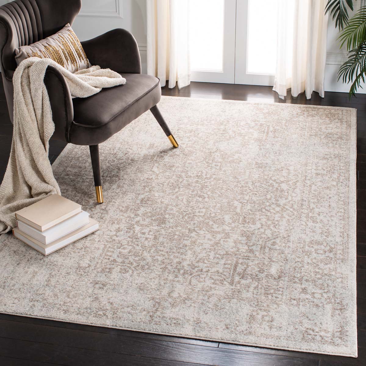 Vintage floral beige rug enhancing elegant home decor with cozy seating.