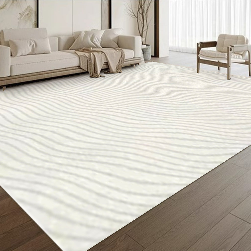 White contemporary rug with wave pattern in a bright modern living room