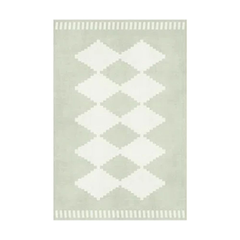 Green vintage rug with geometric diamond pattern, machine washable.